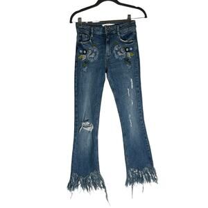 Zara Embroidered Floral Patch Raw Fringe Hem Distressed Denim Bootcut Jeans 00